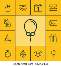 Set Of 12 Happy New Year Icons. Includes Blank Ribbon, Present Pouch, Gift And Other Symbols. Beautiful Design Elements.