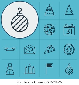 Set Of 12 Happy New Year Icons. Includes Greeting Email, Flag Point, Doughnut And Other Symbols. Beautiful Design Elements.