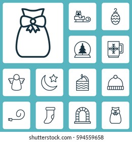 Set Of 12 Happy New Year Icons. Includes Crescent, Celebrate Whistle, Christmas Toy And Other Symbols. Beautiful Design Elements.