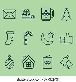 Set Of 12 Happy New Year Icons. Includes Mitten, Ringer, Celebration Card And Other Symbols. Beautiful Design Elements.