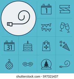 Set Of 12 Happy New Year Icons. Includes Decorative Flags, Trading, Carnival Face And Other Symbols. Beautiful Design Elements.
