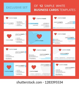 Set of 12 Heart Creative Busienss Card Template. Editable Creative logo and Visiting card background