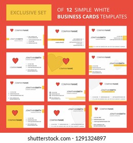 Set of 12 Heart  Creative Busienss Card Template. Editable Creative logo and Visiting card background