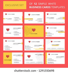 Set of 12 Heart ecg Creative Busienss Card Template. Editable Creative logo and Visiting card background