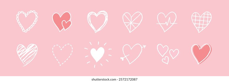 Set of 12 heart icons on a pink background. Each heart design is unique, featuring styles like doodles, arrows, and lines. Perfect for romantic themes. Cute hand drawn love doodle, set. Vectors.