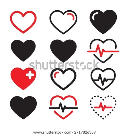 A set of 12 heart icons in various styles, including solid colors, outlines, and medical symbols like ECG lines and a first aid cross