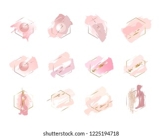 Set of 12 hexagons. Golden linear hexagons, white, pink, peach and golden brush strokes.