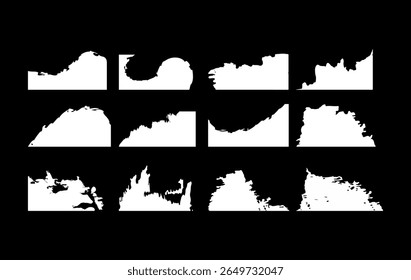 A Set of 12 high contrast abstract grunge bottom edge silhouettes, featuring brush stroke and torn paint effects, for use as footer overlays, distressed frame elements, digital art work.
