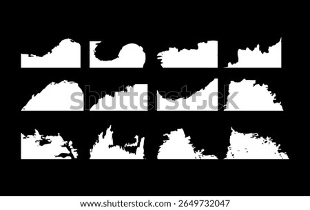 A Set of 12 high contrast abstract grunge bottom edge silhouettes, featuring brush stroke and torn paint effects, for use as footer overlays, distressed frame elements, digital art work.