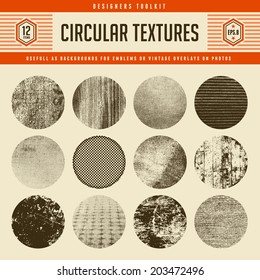 set of 12 highly detailed circular vector textures - great as backgrounds for vintage emblems or as retro overlays on photos and graphics