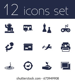 Set Of 12 Hobbie Icons Set.Collection Of Rod, Caravan, Checkmate And Other Elements.