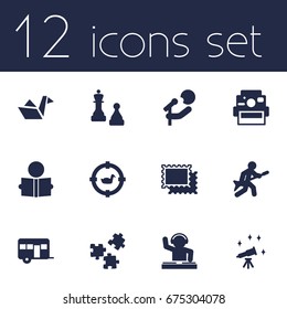 Set Of 12 Hobbie Icons Set.Collection Of Paper Figure, Singer, Target And Other Elements.