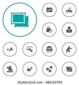 Set Of 12 Hobbie Icons Set.Collection Of Paper Figure, Photo Camera, Playing And Other Elements.