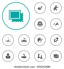 Set Of 12 Hobbie Icons Set.Collection Of Playing, Learning, Joystick And Other Elements.