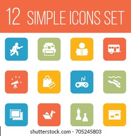 Set Of 12 Hobbie Icons Set.Collection Of Checkmate, Joystick, Fish And Other Elements.