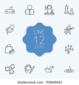 Set Of 12 Hobbie Outline Icons Set.Collection Of Astronomy, Musician, Painting And Other Elements.