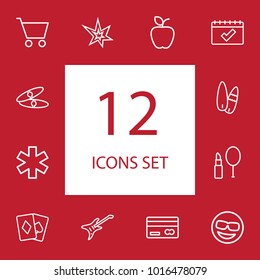 Set of 12 hobby icons line style set. Collection of lipstick with mirror, surfboard, shopping cart and other elements.