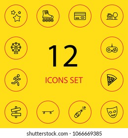 Set of 12 hobby icons line style set. Collection of credit card, attraction, champagne and other elements.