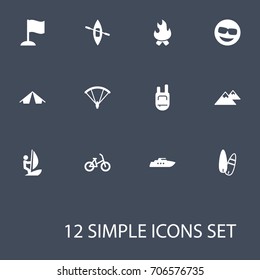 Set Of 12 Hobby Icons Set.Collection Of Backpack, Surfer, Parachute And Other Elements.
