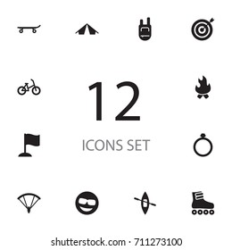 Set Of 12 Hobby Icons Set.Collection Of Canoe, Bicycle, Dart And Other Elements.