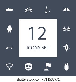Set Of 12 Hobby Icons Set.Collection Of Parachute, Education, Skateboard And Other Elements.
