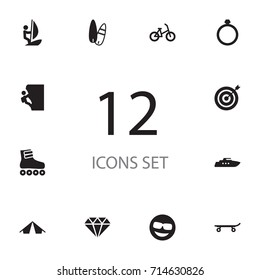 Set Of 12 Hobby Icons Set.Collection Of Bicycle, Dart, Roller Skates And Other Elements.