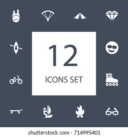 Set Of 12 Hobby Icons Set.Collection Of Canoe, Backpack, Education And Other Elements.