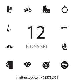 Set Of 12 Hobby Icons Set.Collection Of Sport, Diamond, Hiking And Other Elements.