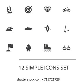 Set Of 12 Hobby Icons Set.Collection Of Bonfire, Peak, Diamond And Other Elements.