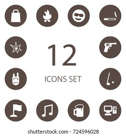 Set Of 12 Hobby Icons Set.Collection Of Finish, Bomb, Shopping Bag And Other Elements.
