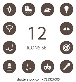 Set Of 12 Hobby Icons Set.Collection Of Parachute, Microphone, Golf And Other Elements.