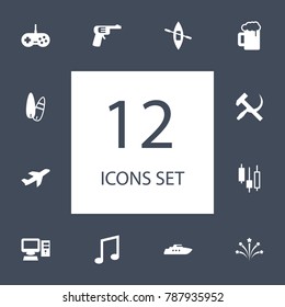 Set Of 12 Hobby Icons Set.Collection Of Surfing, Ale, Ship And Other Elements.
