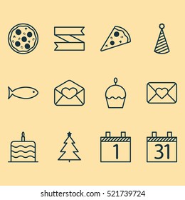 Set Of 12 Holiday Icons. Can Be Used For Web, Mobile, UI And Infographic Design. Includes Elements Such As Ribbon, Food, Christmas And More.