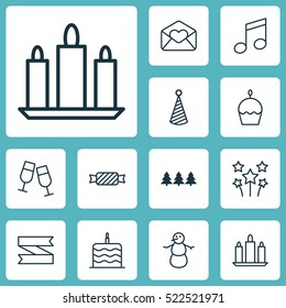 Set Of 12 Holiday Icons. Can Be Used For Web, Mobile, UI And Infographic Design. Includes Elements Such As Firework, Christmas, Festive And More.