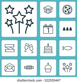 Set Of 12 Holiday Icons. Can Be Used For Web, Mobile, UI And Infographic Design. Includes Elements Such As Sweet, Muffin, Blank And More.