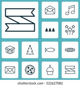 Set Of 12 Holiday Icons. Can Be Used For Web, Mobile, UI And Infographic Design. Includes Elements Such As Celebration, Email, Open And More.