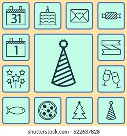 Set Of 12 Holiday Icons. Can Be Used For Web, Mobile, UI And Infographic Design. Includes Elements Such As Party, Agenda, Close And More.
