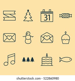 Set Of 12 Holiday Icons. Can Be Used For Web, Mobile, UI And Infographic Design. Includes Elements Such As Schedule, Celebrate, Email And More.