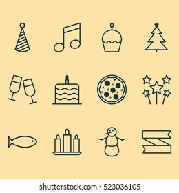 Set Of 12 Holiday Icons. Can Be Used For Web, Mobile, UI And Infographic Design. Includes Elements Such As Celebration, Snowman, Tree And More.