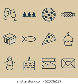 Set Of 12 Holiday Icons. Can Be Used For Web, Mobile, UI And Infographic Design. Includes Elements Such As Candy, Banner, Pizzeria And More.