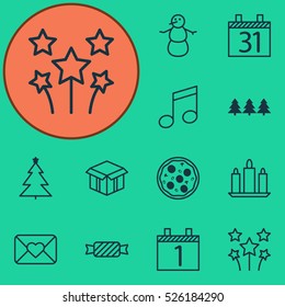 Set Of 12 Holiday Icons. Can Be Used For Web, Mobile, UI And Infographic Design. Includes Elements Such As Candy, Open, Pizzeria And More.