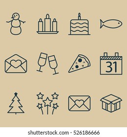 Set Of 12 Holiday Icons. Can Be Used For Web, Mobile, UI And Infographic Design. Includes Elements Such As Love, Christmas, Greeting And More.