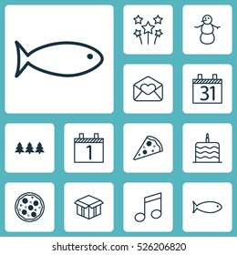 Set Of 12 Holiday Icons. Can Be Used For Web, Mobile, UI And Infographic Design. Includes Elements Such As Piece, Box, Xmas And More.