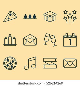 Set Of 12 Holiday Icons. Can Be Used For Web, Mobile, UI And Infographic Design. Includes Elements Such As Blank, Pizza, Wax And More.