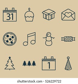 Set Of 12 Holiday Icons. Can Be Used For Web, Mobile, UI And Infographic Design. Includes Elements Such As Note, Candy, Christmas And More.