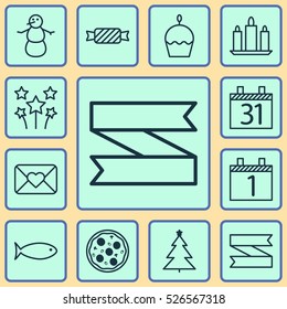 Set Of 12 Holiday Icons. Can Be Used For Web, Mobile, UI And Infographic Design. Includes Elements Such As Ribbon, Date, Meal And More.