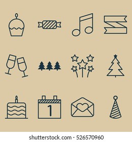 Set Of 12 Holiday Icons. Can Be Used For Web, Mobile, UI And Infographic Design. Includes Elements Such As Banner, Music, Calendar And More.