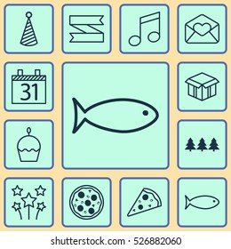 Set Of 12 Holiday Icons. Can Be Used For Web, Mobile, UI And Infographic Design. Includes Elements Such As Xmas, Muffin, Music And More.