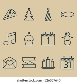 Set Of 12 Holiday Icons. Can Be Used For Web, Mobile, UI And Infographic Design. Includes Elements Such As Flame, Birthday, Love And More.