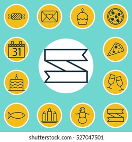 Set Of 12 Holiday Icons. Can Be Used For Web, Mobile, UI And Infographic Design. Includes Elements Such As Date, Candle, Cupcake And More.